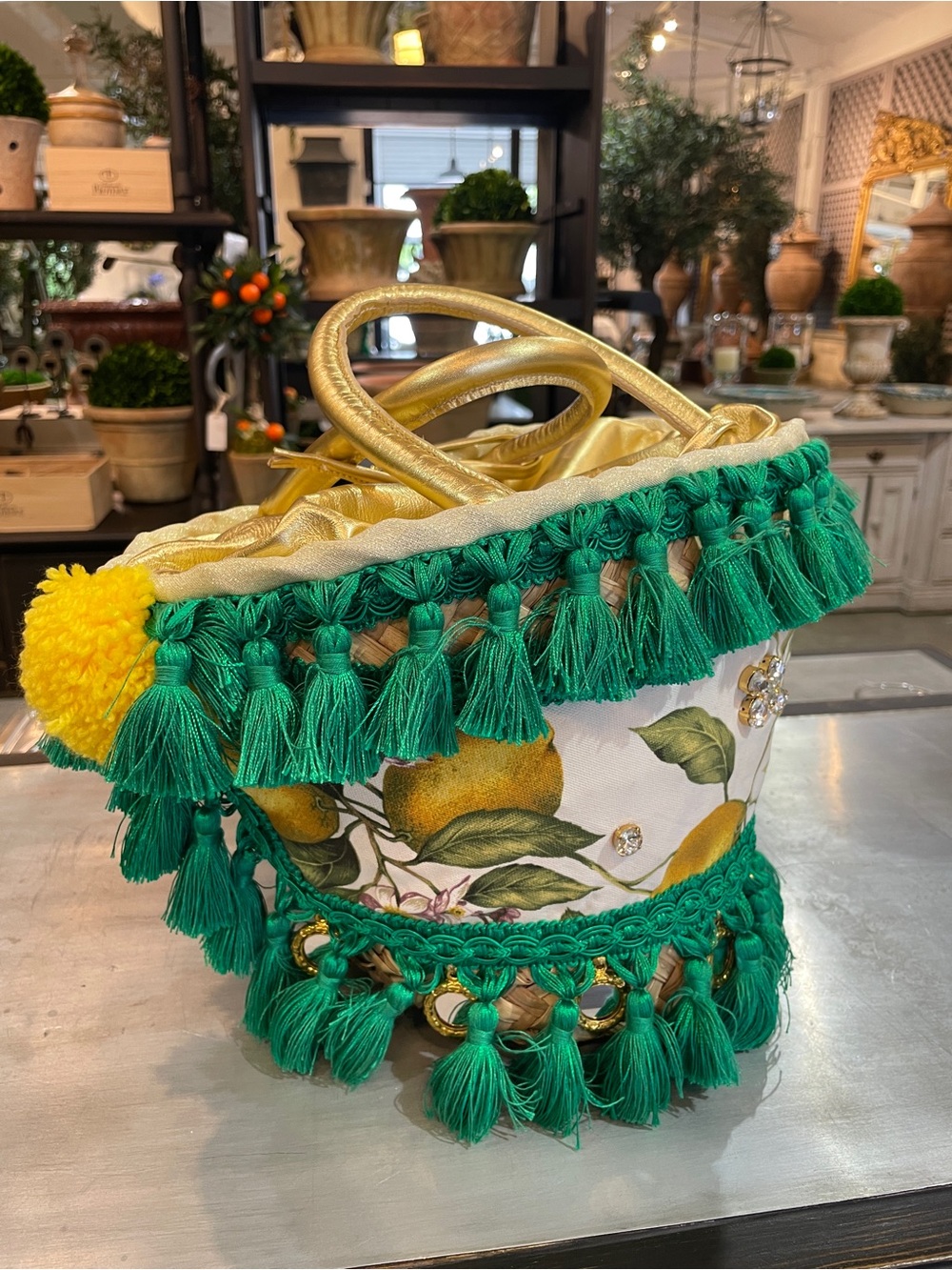 Tizzini x Authentic Provence Woven Straw Tassel Tote Bag in Green & Yellow, Ital - Picture 9 of 10